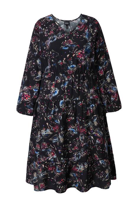 Midi šaty, motýli, A střih, výstřih do V, dlouhé rukávy