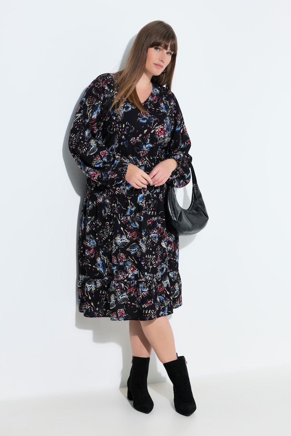 Midikjole, sommerfugle, A-form, V-udskæring, lange ærmer