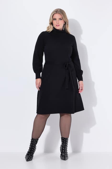 Strickkleid, Midilänge, Rollkragen, Taillengürtel