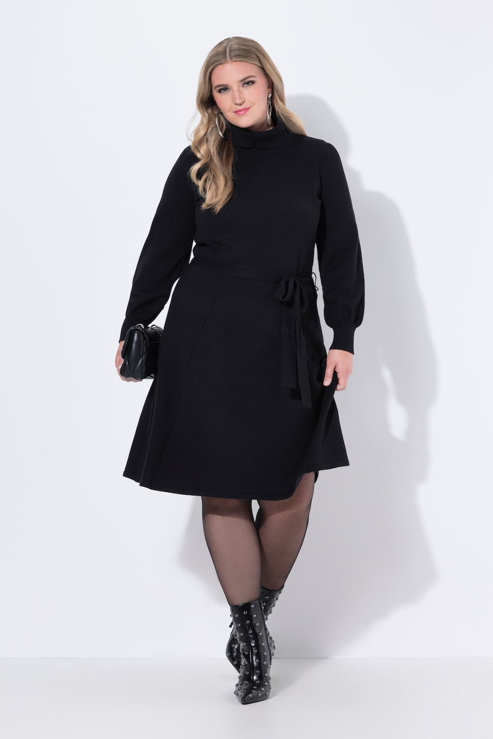 Strickkleid, Midilänge, Rollkragen, Taillengürtel