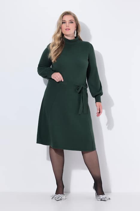 Strickkleid, Midilänge, Rollkragen, Taillengürtel