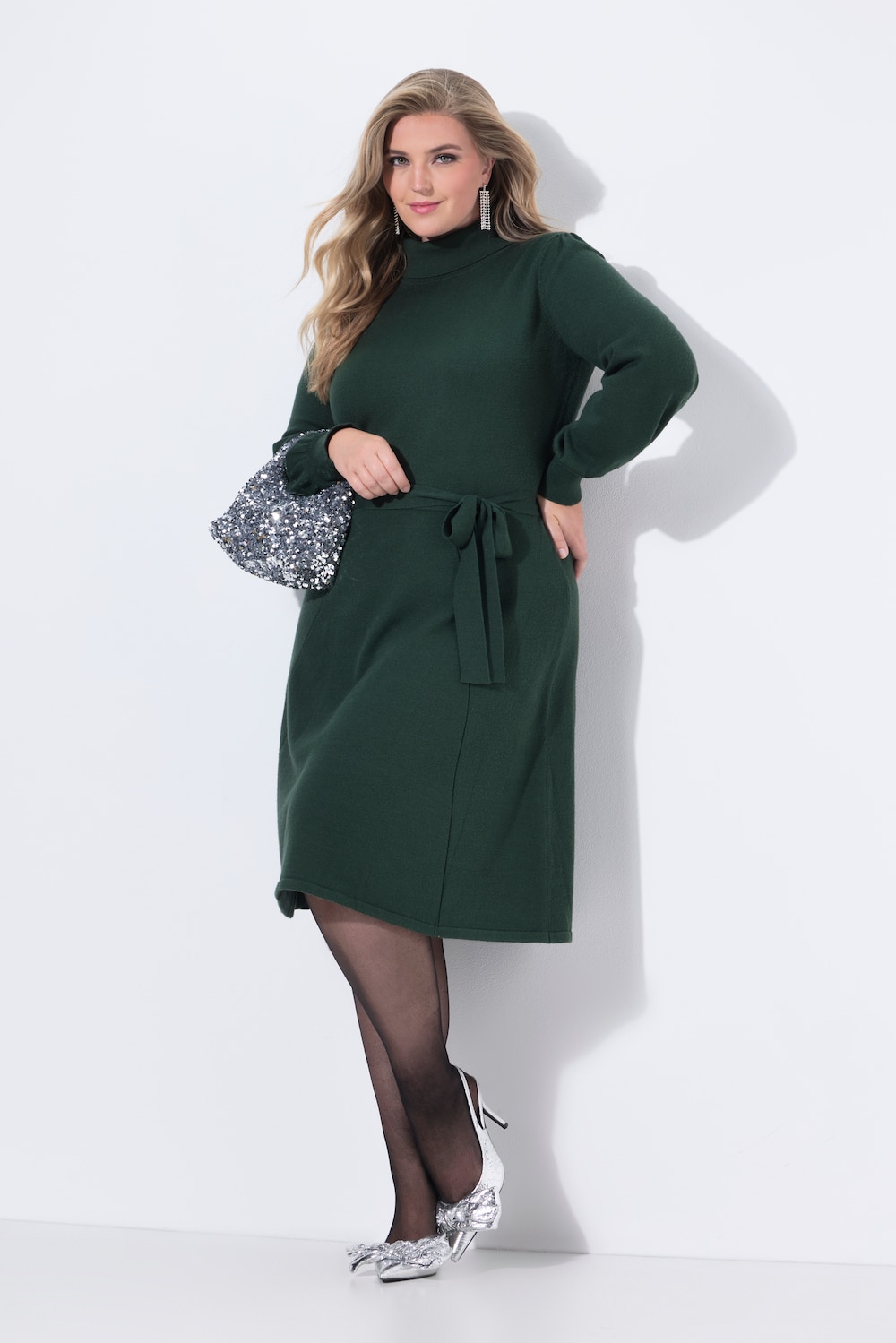 Strickkleid, Midilänge, Rollkragen, Taillengürtel