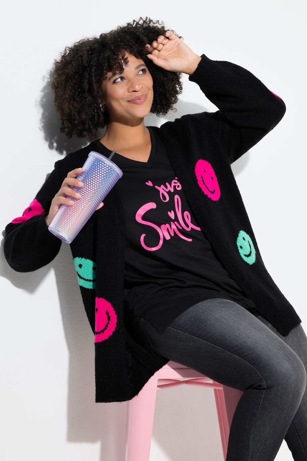 Cardigan, lige fit, smiley-mønster