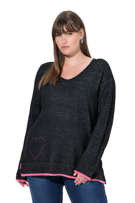 Svetr, srdcová výšivka, výstřih do V, dlouhé rukávy