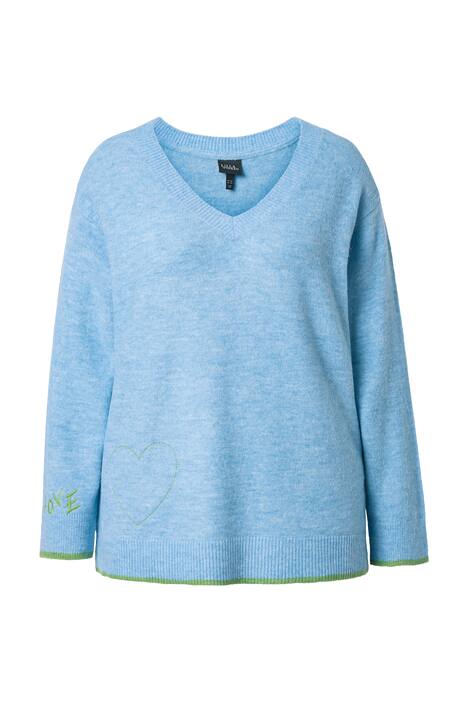 Svetr, srdcová výšivka, výstřih do V, dlouhé rukávy