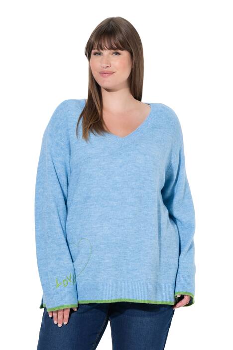 Svetr, srdcová výšivka, výstřih do V, dlouhé rukávy