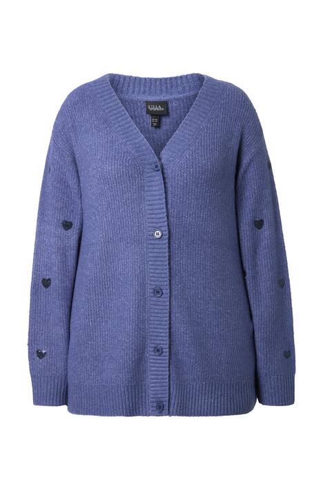 Rozepínací svetr, flitrové srdce, výstřih do V, dlouhé rukávy