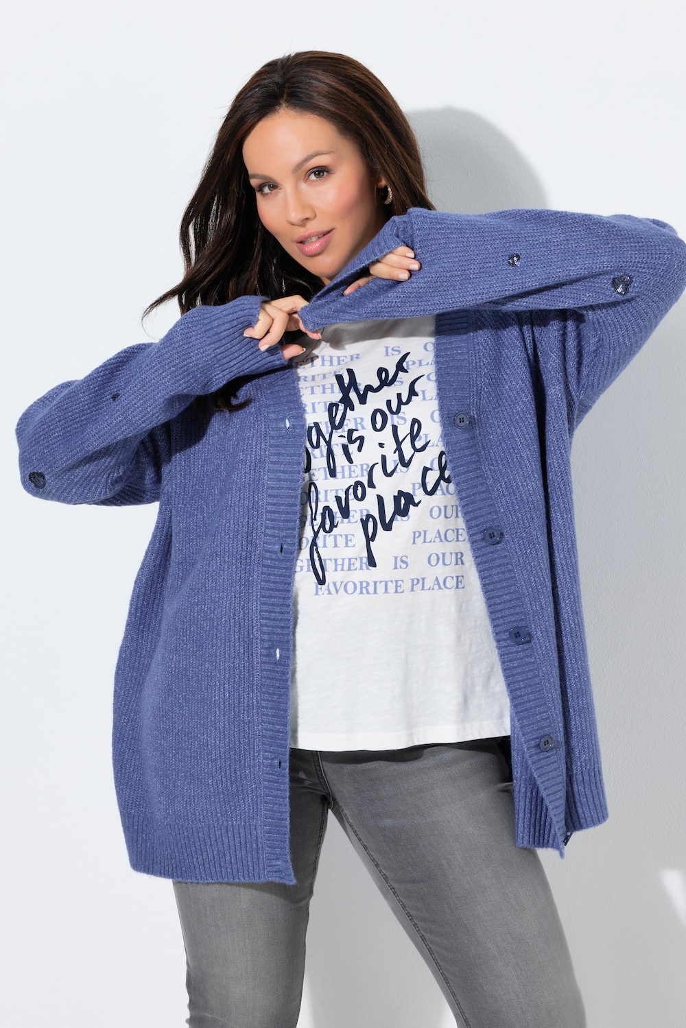 Strickjacke, Paillettenherzen, V-Ausschnitt, Langarm