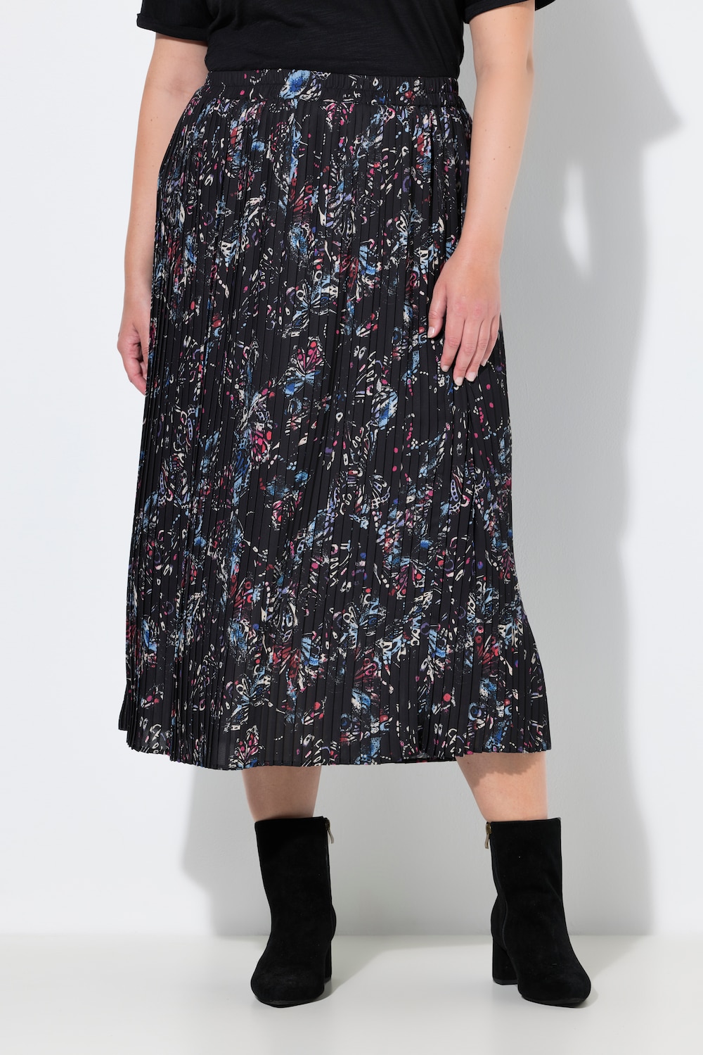 Große Größen Plissee-Midirock, Damen, schwarz, Größe: 46/48, Polyester, Ulla Popken