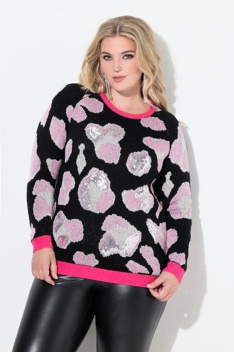 Pull manches longues raglan, motif léopard pailletté