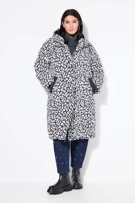 Steppmantel, Leo-Muster, 2-Wege-Zipper, Kapuze