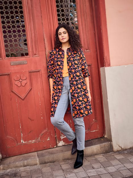 Lange blouse, harten, A-lijn, overhemdkraag, lange mouwen