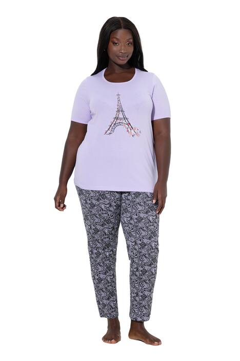 Pyžamo, Eiffelova věž, ozdobné kamínky, kulatý výstřih, krátké rukávy