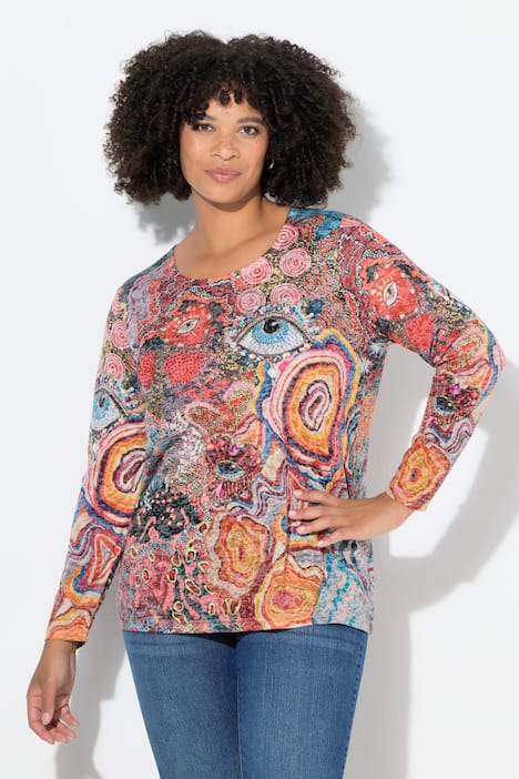 Langarmshirt, Glitzersteinchen, Patchprint