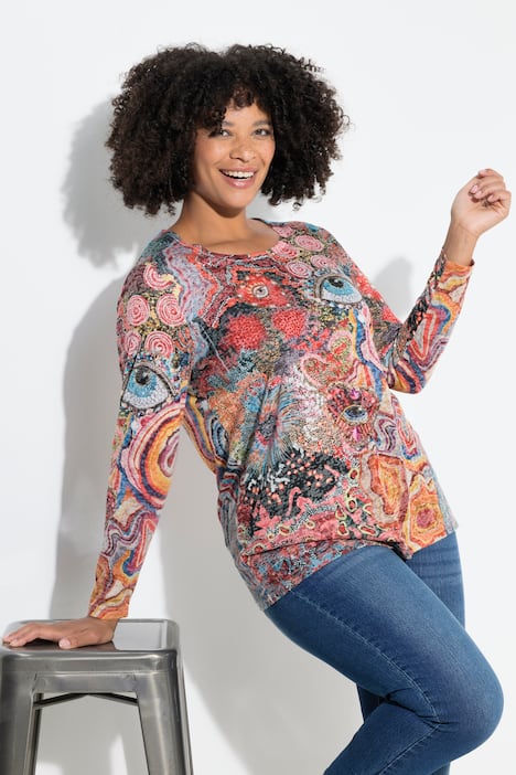 Langarmshirt, Glitzersteinchen, Patchprint