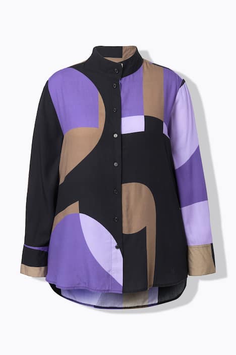 Lange blouse, letters, A-lijn, opstaande kraag, lange mouw