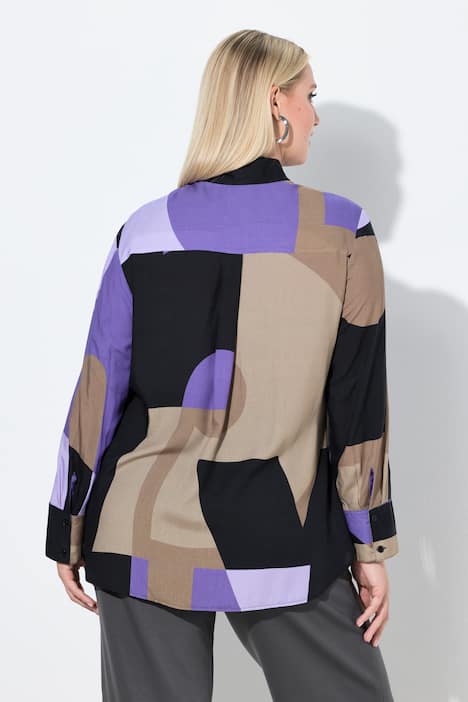 Lange blouse, letters, A-lijn, opstaande kraag, lange mouw