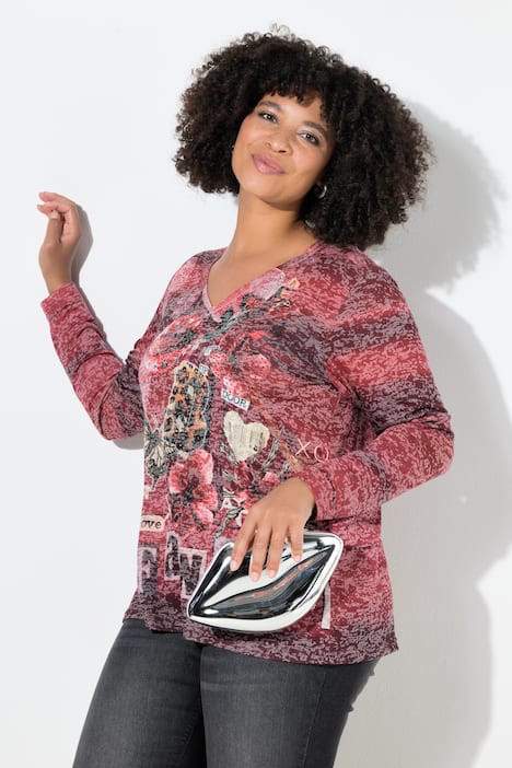 Langarmshirt, Glitzersteinchen, Leo-Patch-Muster