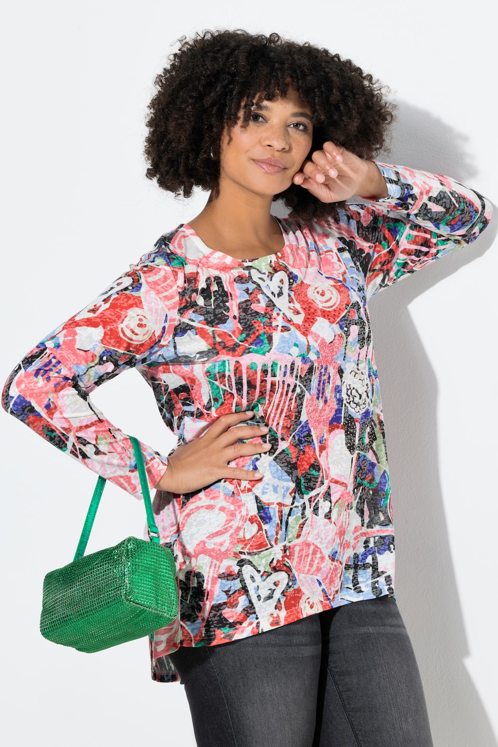 Langarmshirt, A-Linie, Glitzersteinchen, Allover-Muster