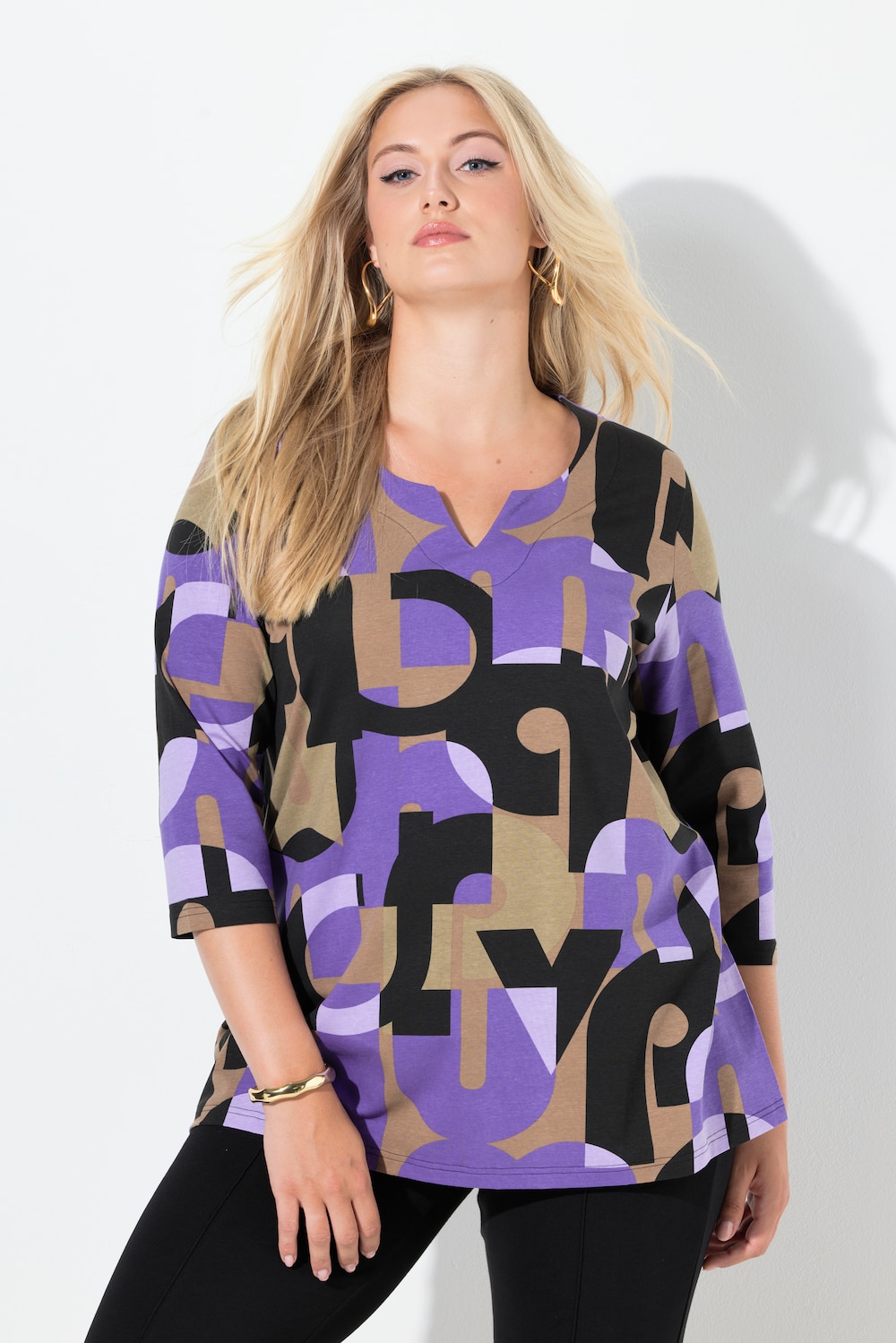 Shirt, Buchstaben, Tunika-Ausschnitt, 3/4-Arm