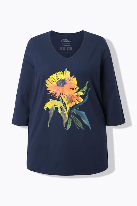 Shirt, Sonnenblume, A-Linie, V-Ausschnitt, 3/4-Arm
