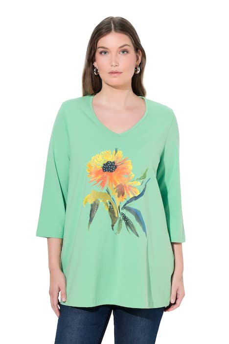 Tričko, slunečnice, A střih, výstřih do V, 3/4 rukávy