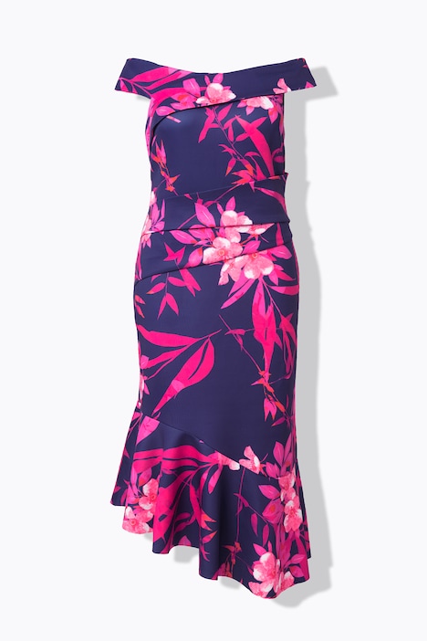 Robe maxi en tissu scuba imprimé. Encolure carmen et drapé