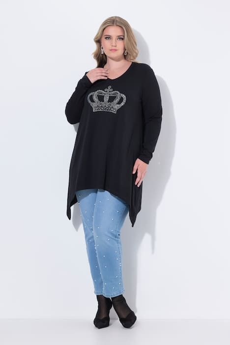 Shirt met lange mouw, A-lijn, krans met glittersteentjes, puntzoom