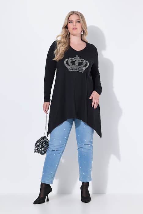 Shirt met lange mouw, A-lijn, krans met glittersteentjes, puntzoom