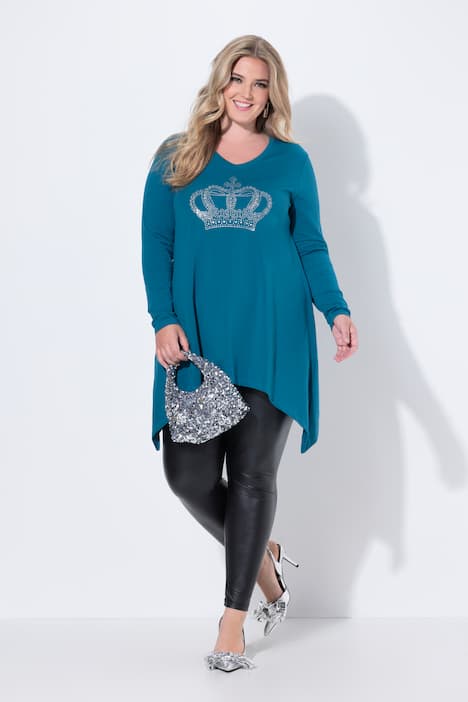 Shirt met lange mouw, A-lijn, krans met glittersteentjes, puntzoom