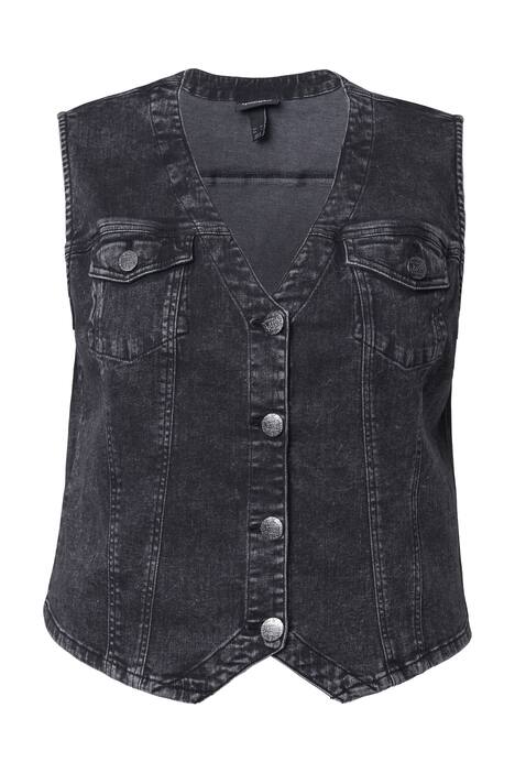 Džínová vesta, výstřih do V, špičatý lem, ozdobné švy