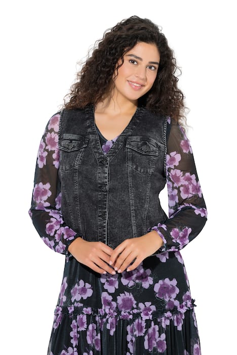 Džínová vesta, výstřih do V, špičatý lem, ozdobné švy