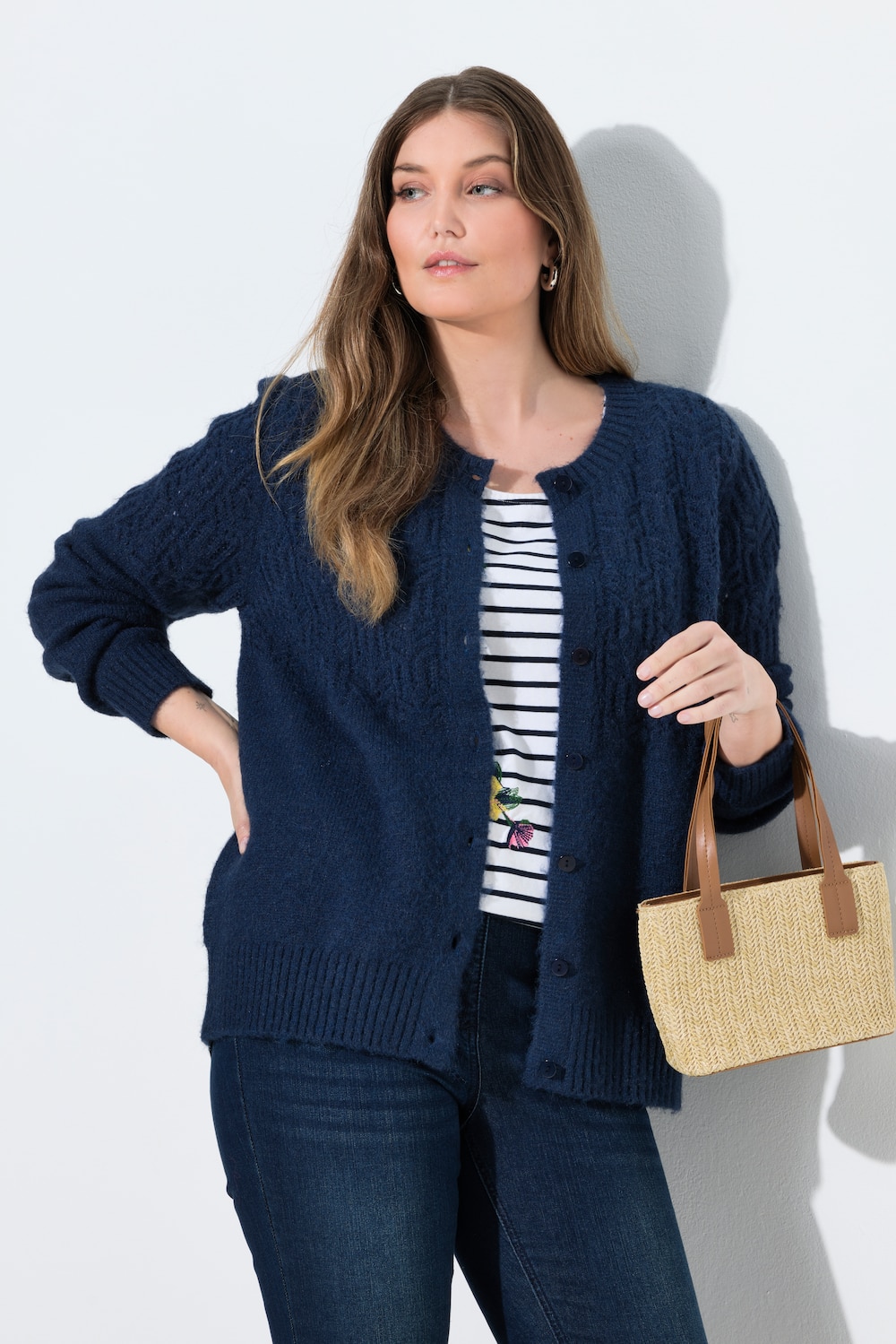 Strickjacke, Ajourmuster, Rundhals, Langarm