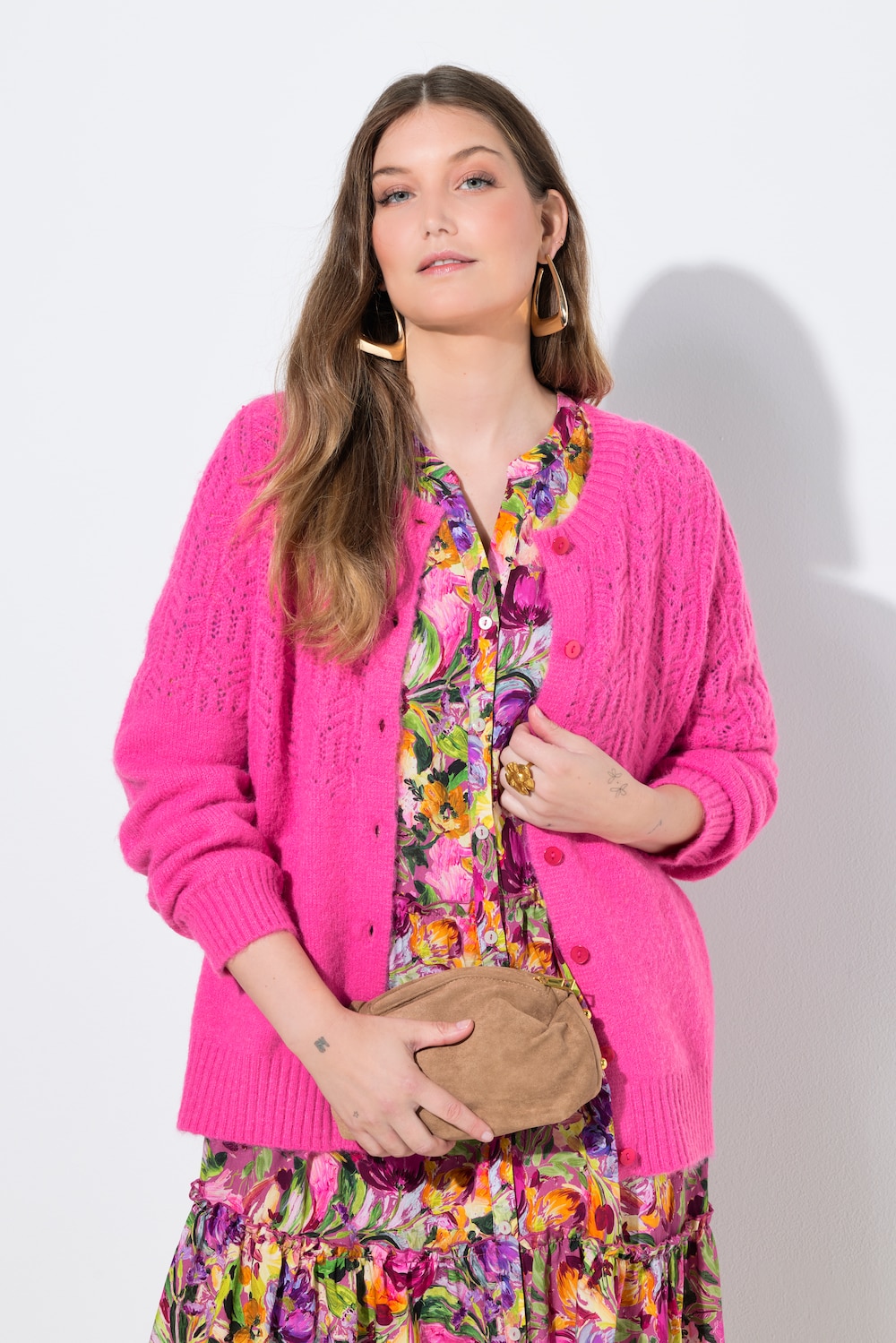 Strickjacke, Ajourmuster, Rundhals, Langarm