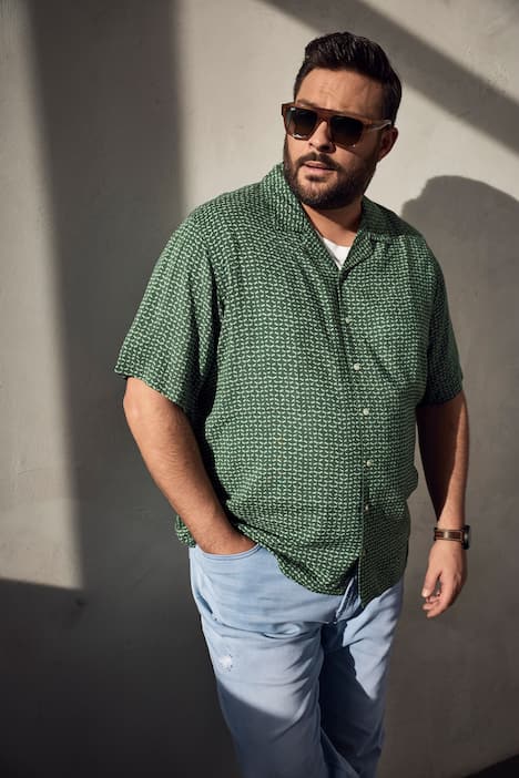 Herre+ Skjorte, Kortærmet, allover-mønster, Cubansk krave, Cubansk pasform, op til 8XL