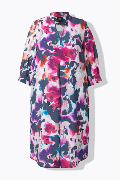 Midi-jurk, lyocell, aquarel, A-lijn, V-hals, 3/4-mouwen