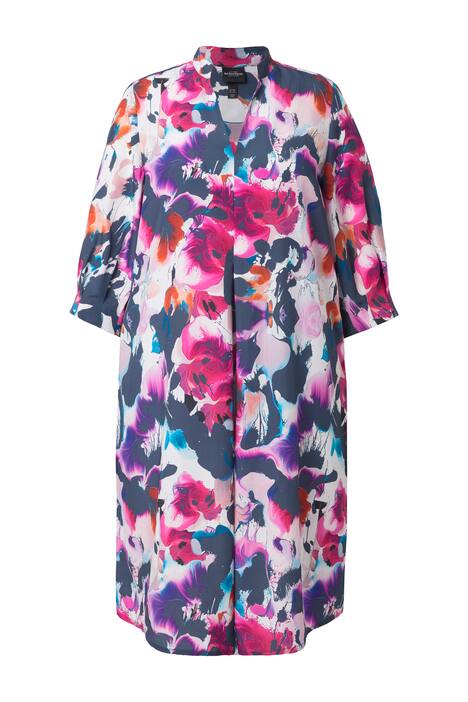 Lyocellové midi šaty, akvarel, A střih, výstřih do V, 3/4 rukávy