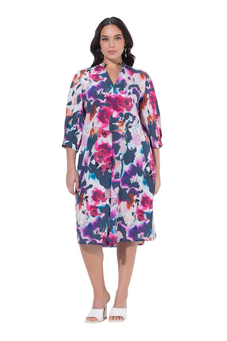 Lyocellové midi šaty, akvarel, A střih, výstřih do V, 3/4 rukávy