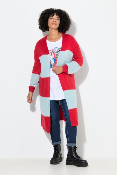 Long-Strickjacke, Straight Fit, Blockstreifen