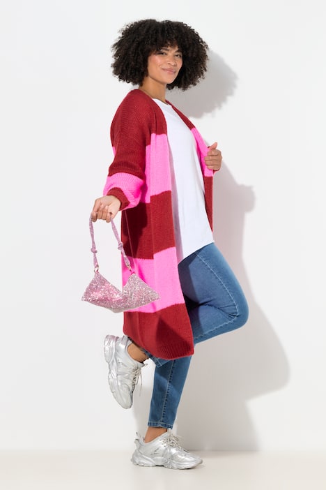 Long-Strickjacke, Straight Fit, Blockstreifen