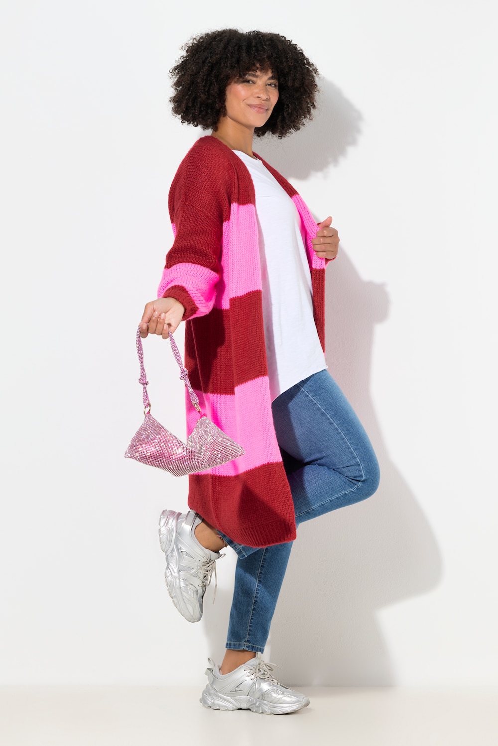 Long-Strickjacke, Straight Fit, Blockstreifen