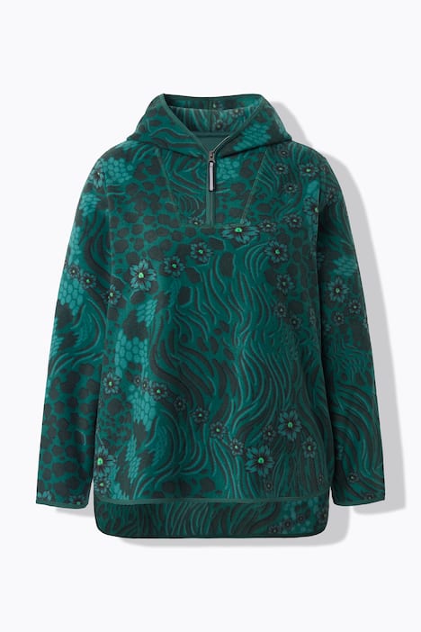 Fleece-Hoodie, kurz, Blüten-/Leomuster, Kapuze, recycelt