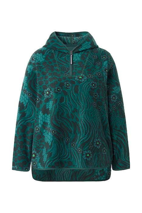 krátká fleecová mikina s kapucí, květinovým a leopardím vzorem, z recyklovaného materiálu