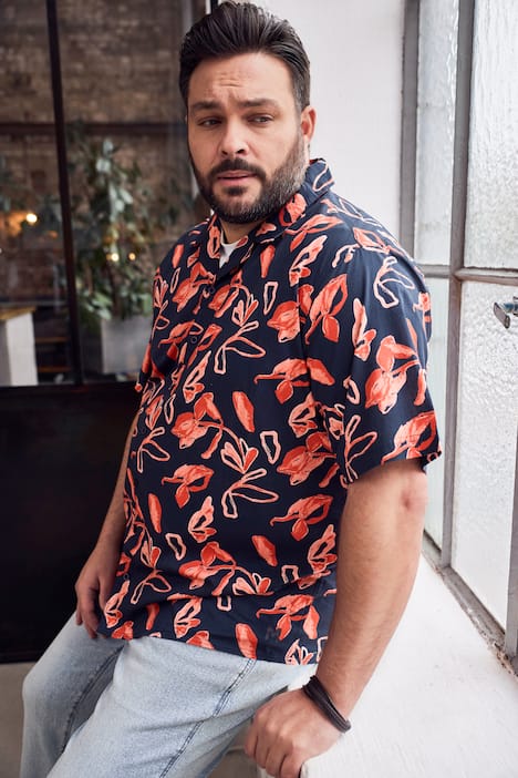 Herre+ Skjorte, Kortærmet, allover-mønster, Cubansk krave, Cubansk pasform, op til 8XL