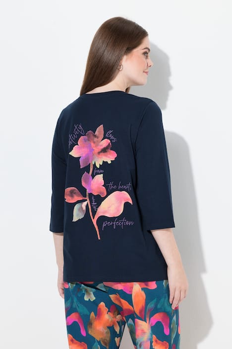 T-shirt en coton bio avec broderie, col rond et manches 3/4