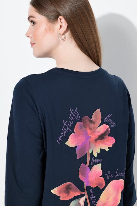 T-shirt en coton bio avec broderie, col rond et manches 3/4