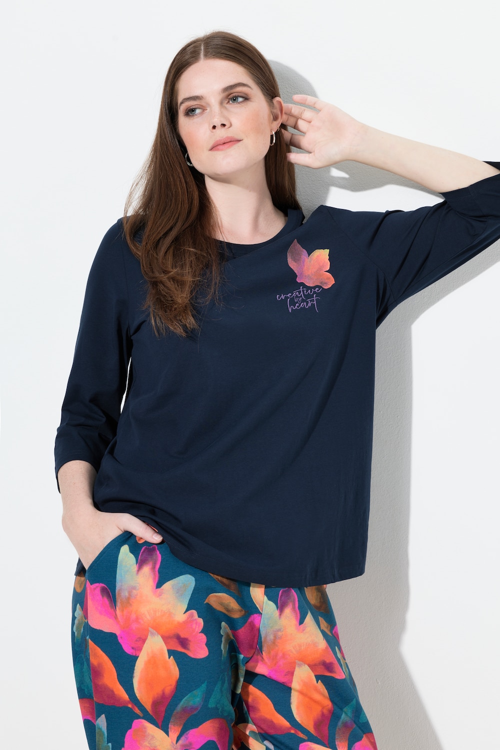 Shirt, Stickerei, Rundhals, 3/4-Arm, Biobaumwolle