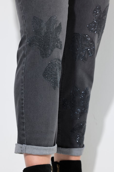 Boyfriend-Jeans, Blüten, Ziersteine, Stretch