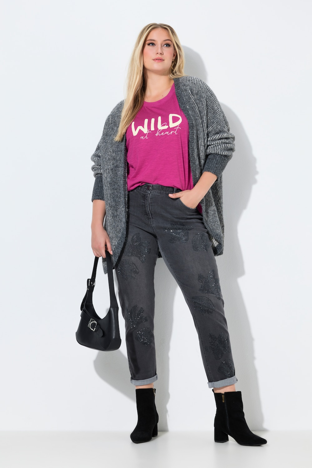 Boyfriend-Jeans, Blüten, Ziersteine, Stretch