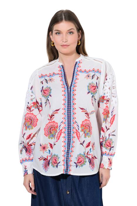 Halenka, děrovaná výšivka, výstřih do V, dlouhé rukávy